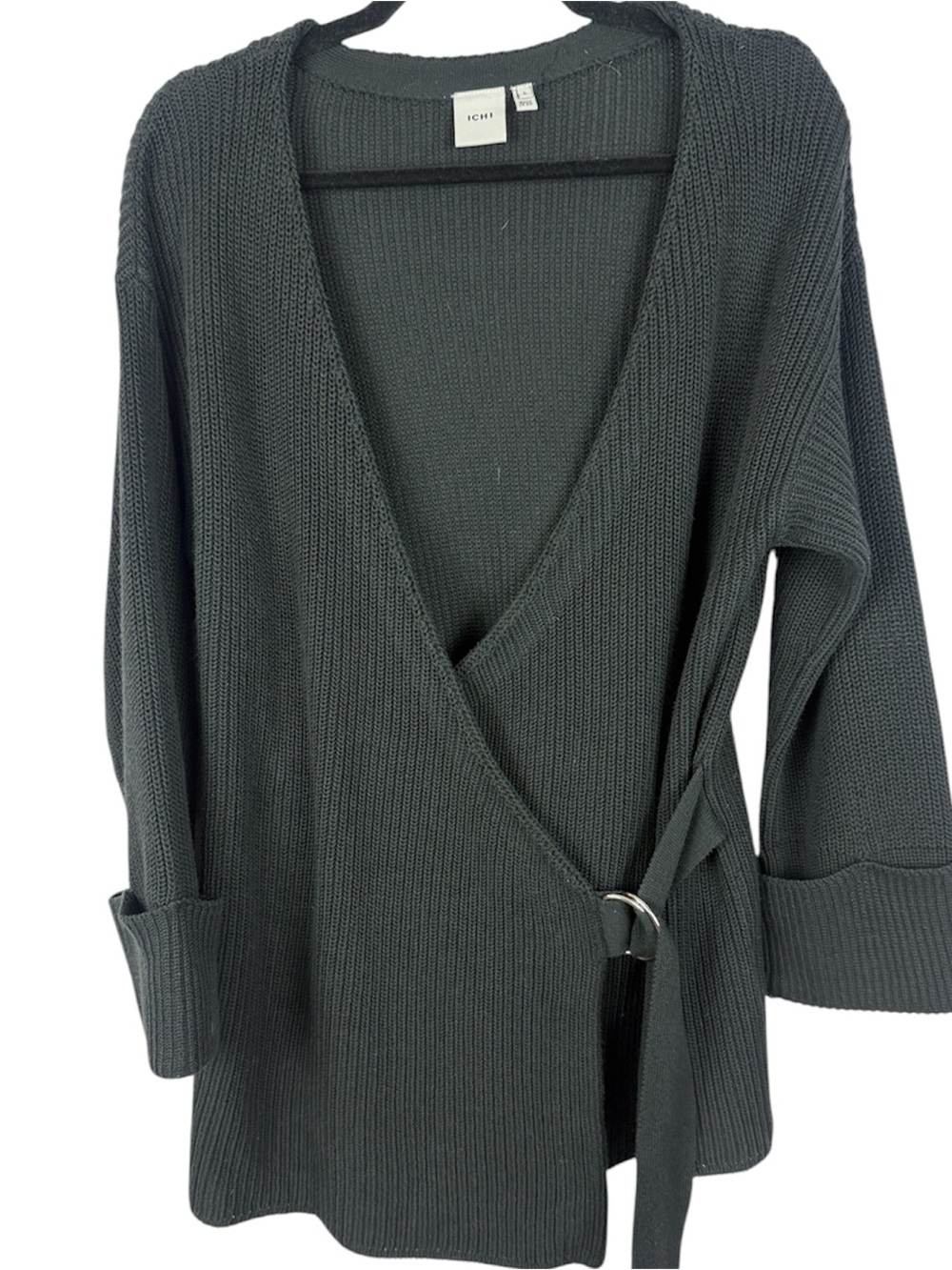 ICHI Ihbasil Cotton Blend Charcoal Grey Knit Wrap Cardigan Sweater Size L
